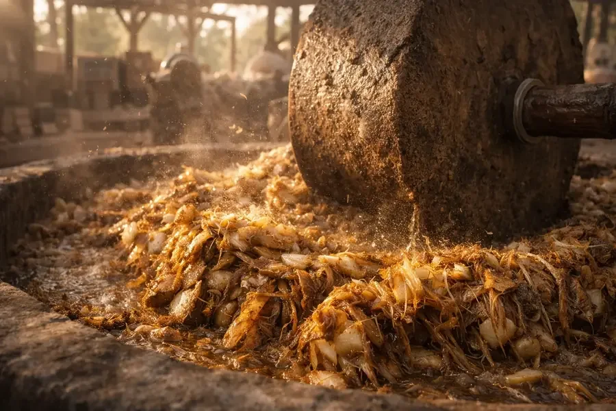 Proceso artesanal OGAL — tahona de piedra volcánica